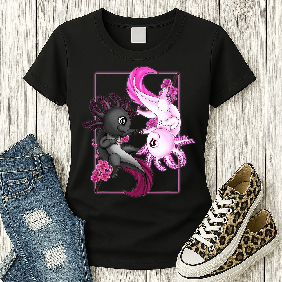 Cute Axolotl Yin Yang Plush Pets Cherry Blossom Womens T-Shirt