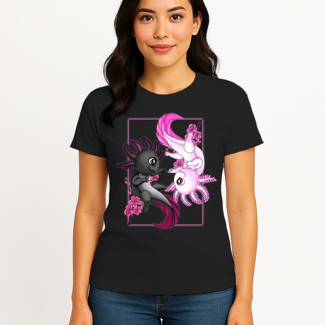 Cute Axolotl Yin Yang Plush Pets Cherry Blossom Womens T-Shirt