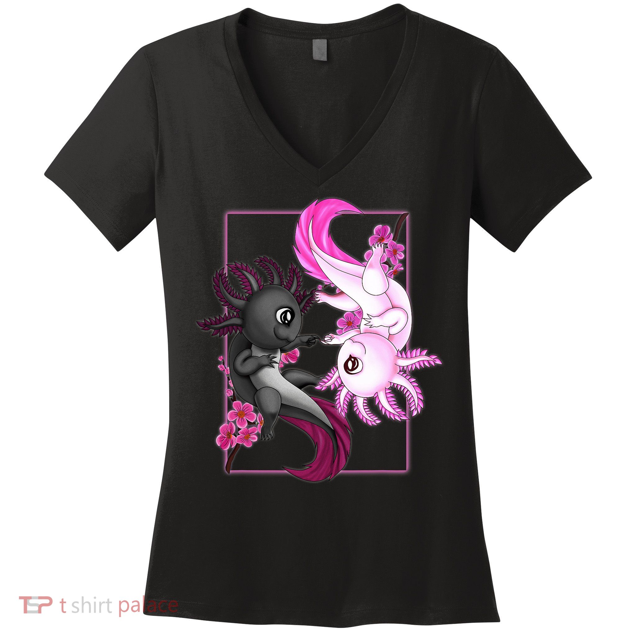 Cute Axolotl Yin Yang Plush Pets Cherry Blossom Women's V-Neck T-Shirt