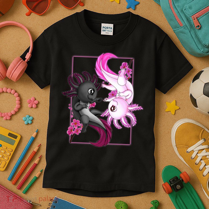 Cute Axolotl Yin Yang Plush Pets Cherry Blossom Kids T-Shirt