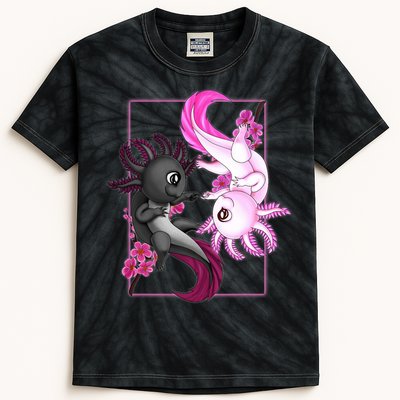 Cute Axolotl Yin Yang Plush Pets Cherry Blossom Kids Tie-Dye T-Shirt