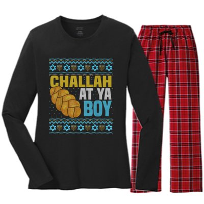 Challah At Ya  Funny Ugly Hanukkah Sweater Pajamas Shirt Women's Long Sleeve Flannel Pajama Set 