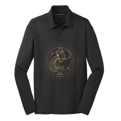 Celestial Aquarius Zodiac Sign November December Birthday Silk Touch Performance Long Sleeve Polo