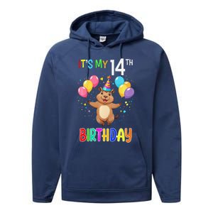 Capybara Birthday 14 Birthday Party 14th Birthday Performance Fleece Hoodie