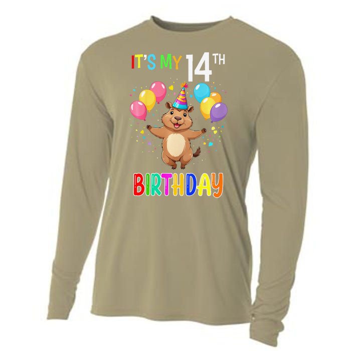 Capybara Birthday 14 Birthday Party 14th Birthday Cooling Performance Long Sleeve Crew