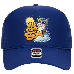 California Beach 2024 Vacation Weekend Summer Here Comes Sun Gift High Crown Mesh Back Trucker Hat