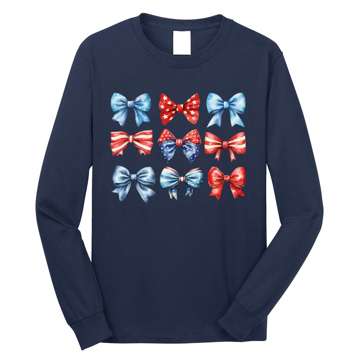 Coquette Bows 4th Of July Patriotic Bows Women Long Sleeve Shirt