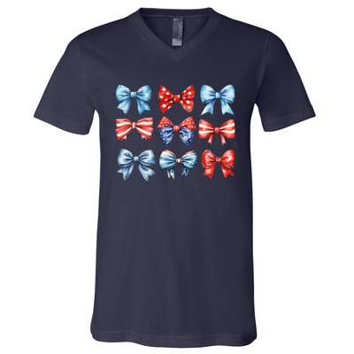 Coquette Bows 4th Of July Patriotic Bows Women V-Neck T-Shirt