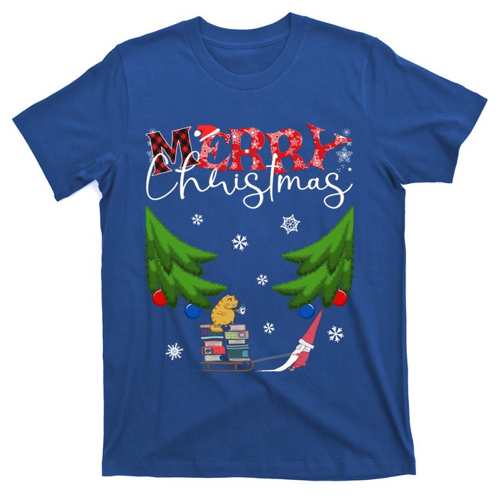 Cat Books And Coffee Funny Gnome And Christmas Tree 1970s Family Gift T-Shirt