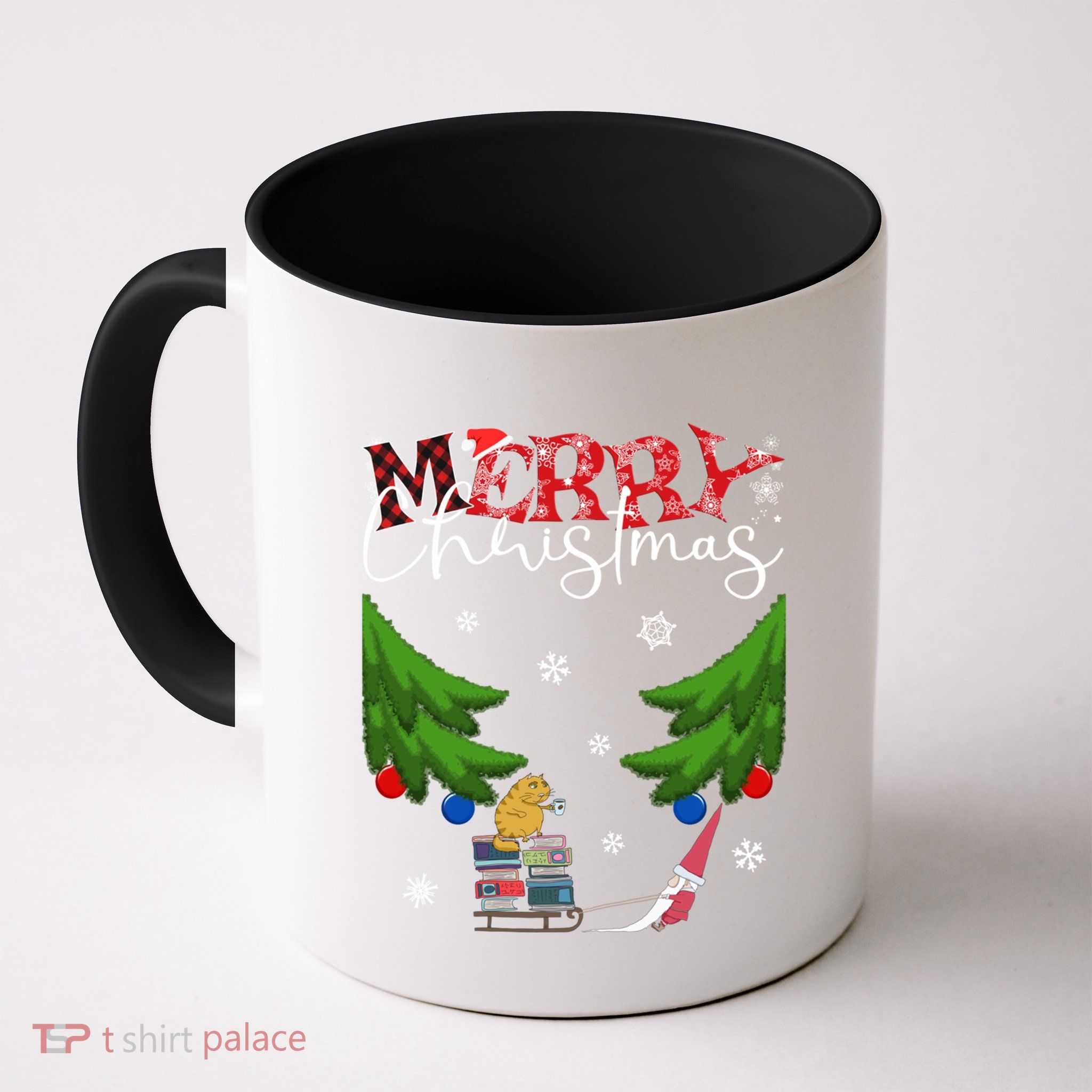 Cat Books And Coffee Funny Gnome And Christmas Tree 1970s Family Great Gift Mug