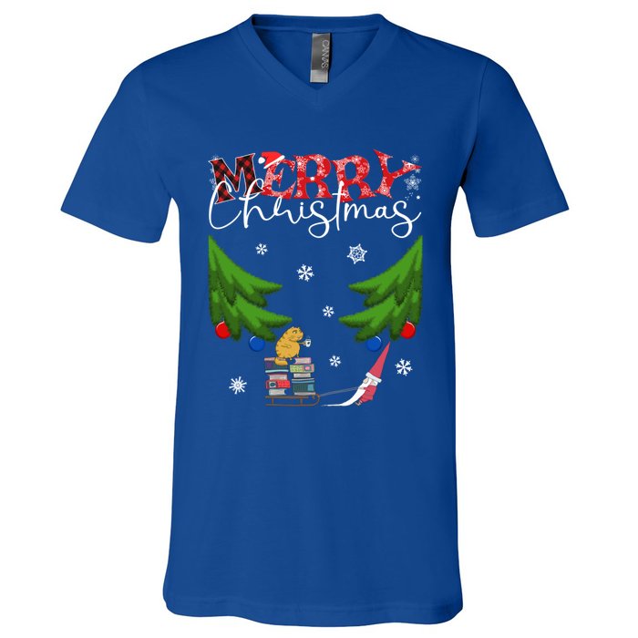 Cat Books And Coffee Funny Gnome And Christmas Tree 1970s Family Great Gift V-Neck T-Shirt