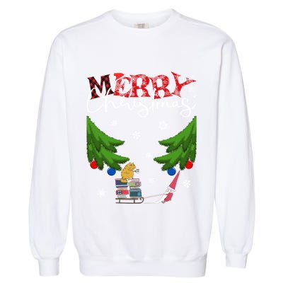 Cat Books And Coffee Funny Gnome And Christmas Tree 1970s Family Great Gift Garment-Dyed Sweatshirt