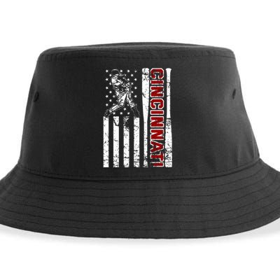 Cincinnati Baseball American Flag Vintage Baseball Fans Sustainable Bucket Hat