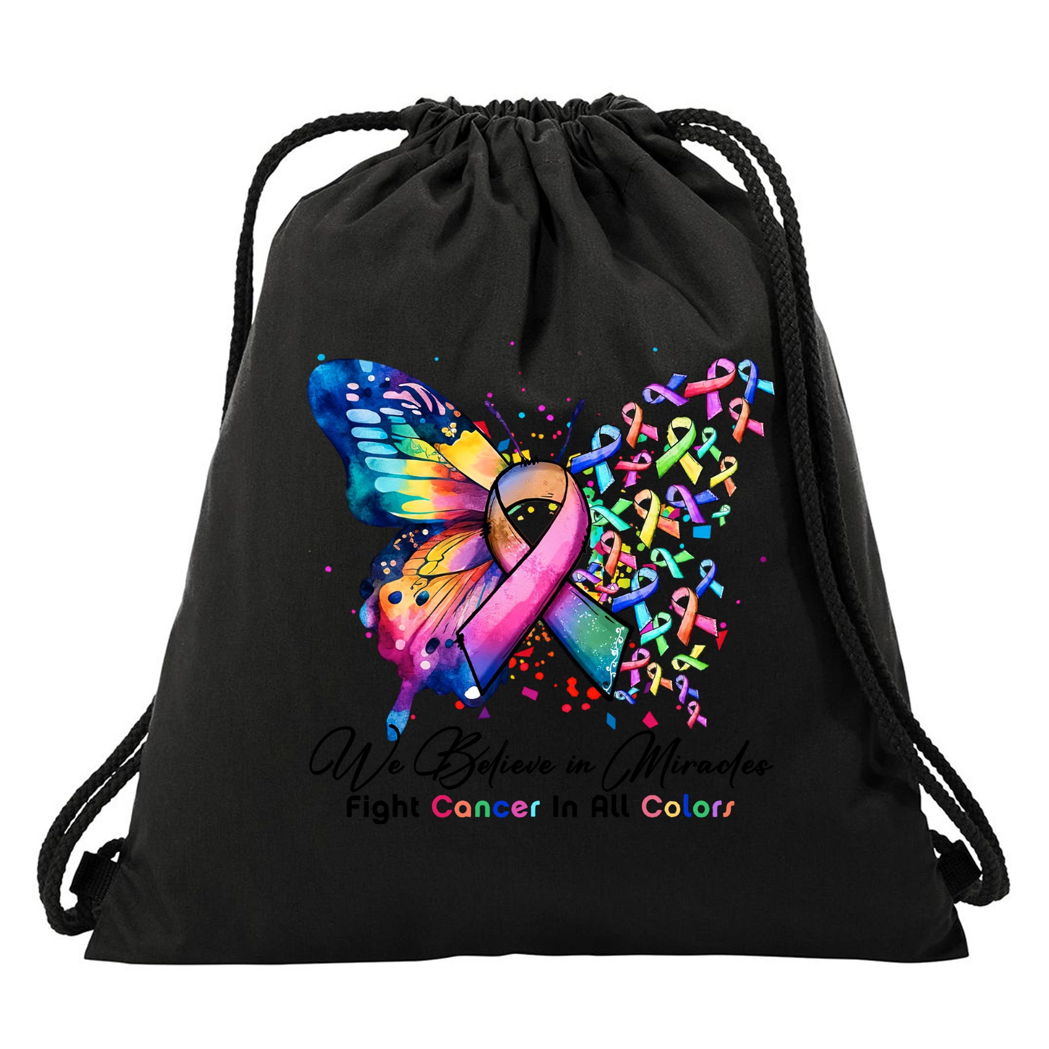 Cancer Butterfly All Ribbon We Believe In Miracles Cancer Awareness Month Drawstring Bag