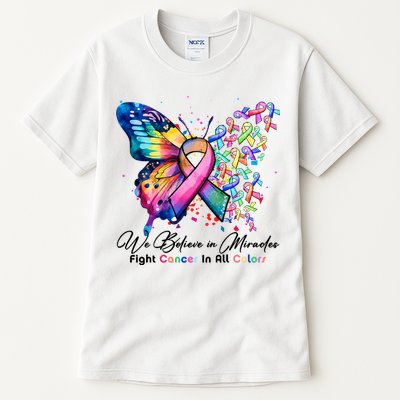 Cancer Butterfly All Ribbon We Believe In Miracles Cancer Awareness Month Tall T-Shirt