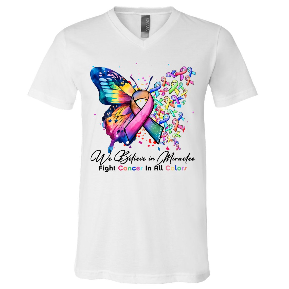 Cancer Butterfly All Ribbon We Believe In Miracles Cancer Awareness Month V-Neck T-Shirt