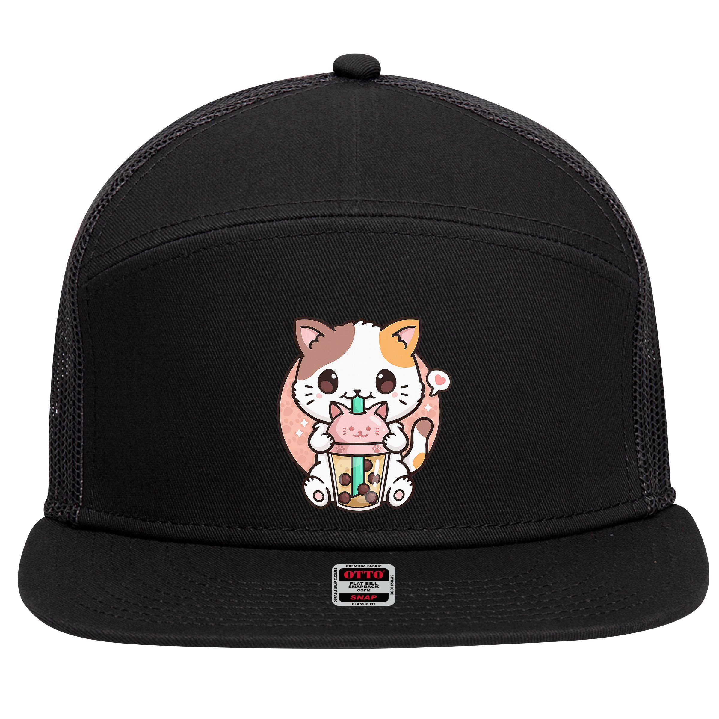 Cat Boba Anime Bubble Tea Neko Kawaii 7 Panel Mesh Trucker Snapback Hat