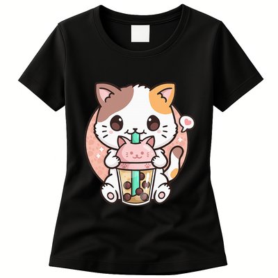 Cat Boba Anime Bubble Tea Neko Kawaii Womens T-Shirt