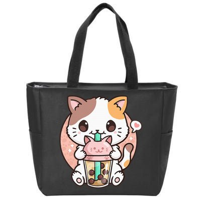 Cat Boba Anime Bubble Tea Neko Kawaii Zip Tote Bag