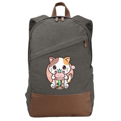 Cat Boba Anime Bubble Tea Neko Kawaii Cotton Canvas Backpack