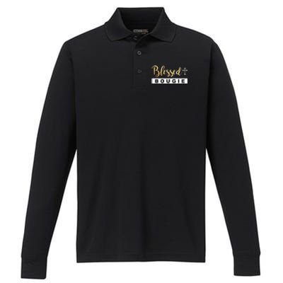 Christian Blessed And Bougie Bae Melanin Black And Magic Gift Performance Long Sleeve Polo