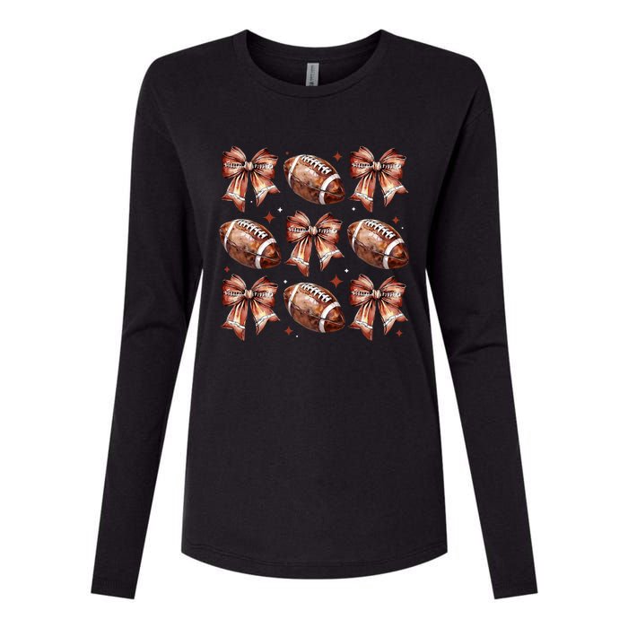 Coquette Bow American Football Game Day Thanksgiving Autumn Womens Cotton Relaxed Long Sleeve T-Shirt