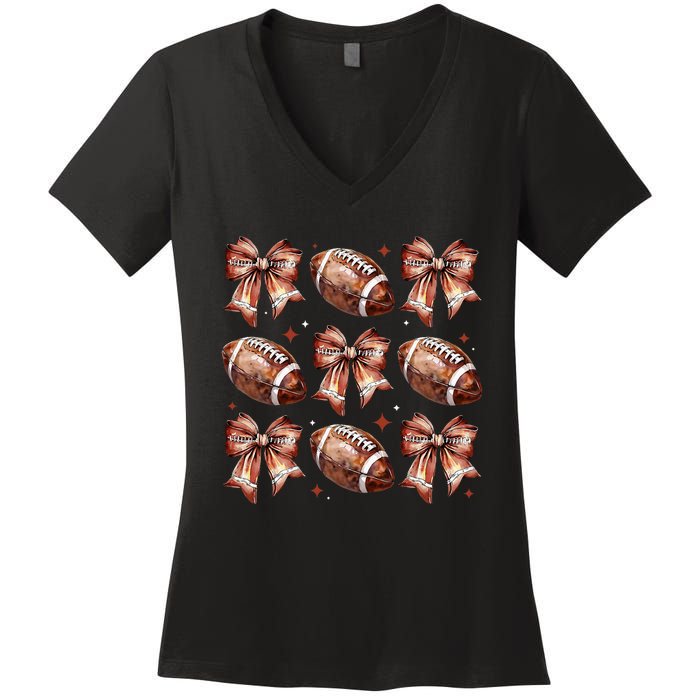 Coquette Bow American Football Game Day Thanksgiving Autumn Women's V-Neck T-Shirt