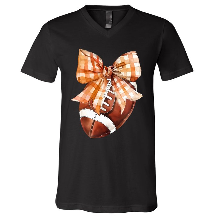 Coquette Bow American Football Autumn Thanksgiving Game Day V-Neck T-Shirt