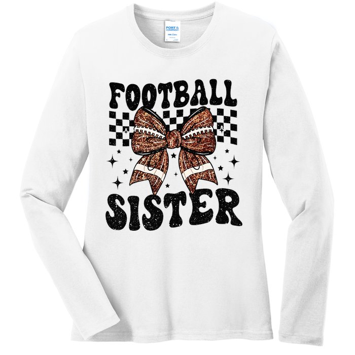 Coquette Bow American Football Sister Game Day Thanksgiving Ladies Long Sleeve Shirt