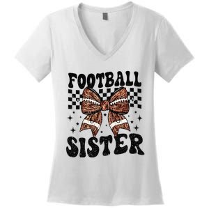 Coquette Bow American Football Sister Game Day Thanksgiving Women's V-Neck T-Shirt