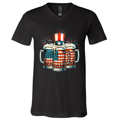 Craft Beer American Flag Usa 4th Of July Fireworks Drinking V-Neck T-Shirt