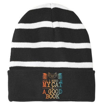 Cat & Book Art For Women Cat Librarian Novel Book Lover Striped Beanie with Solid Band