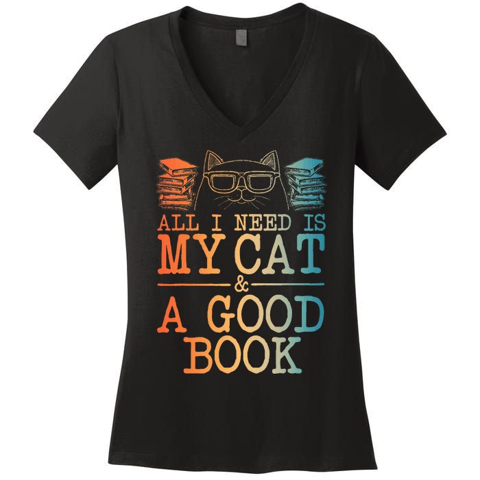 Cat & Book Art For Women Cat Librarian Novel Book Lover Women's V-Neck T-Shirt