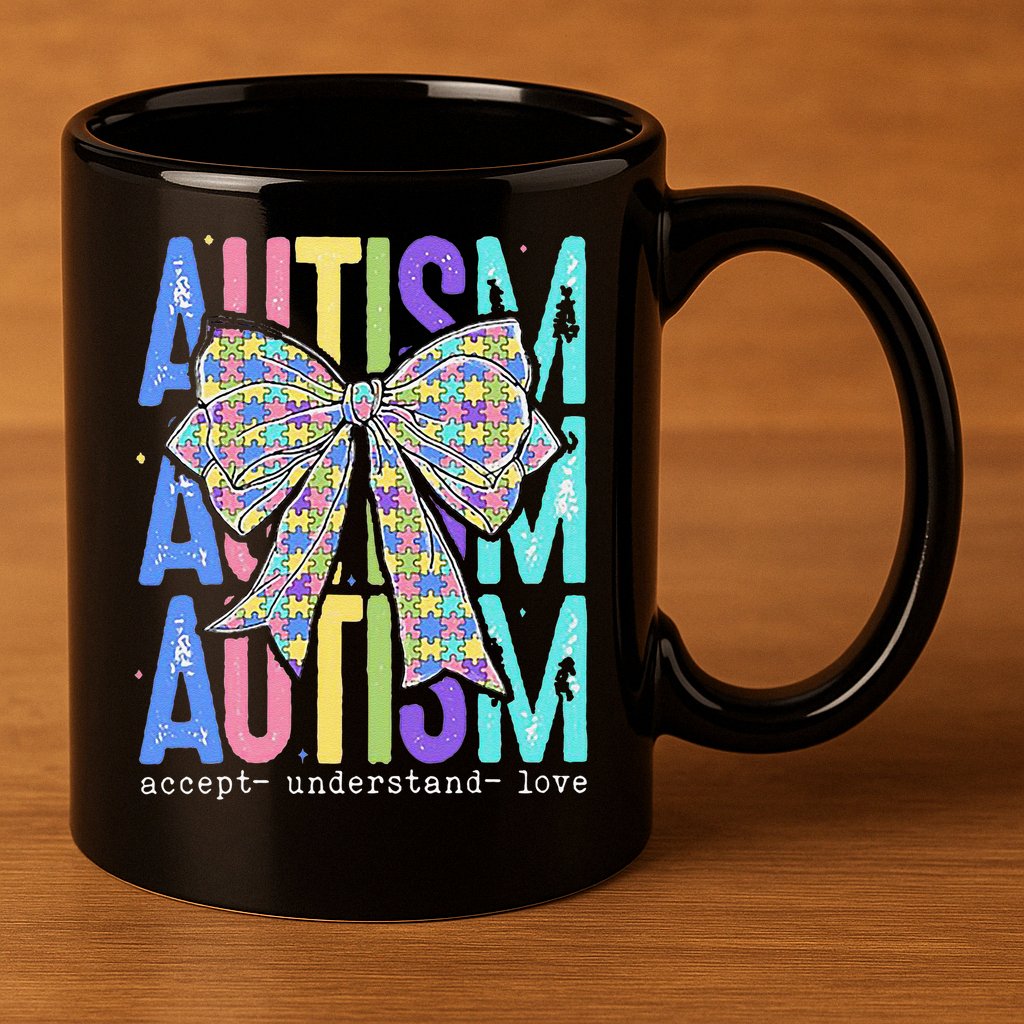 Cute Bow Autism Accept Understand Love Autism Awareness 11oz C Handle Ceramic Mug