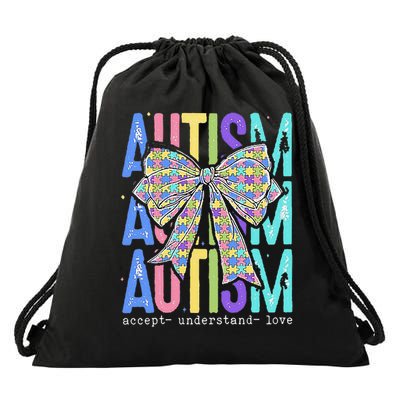 Cute Bow Autism Accept Understand Love Autism Awareness Drawstring Bag