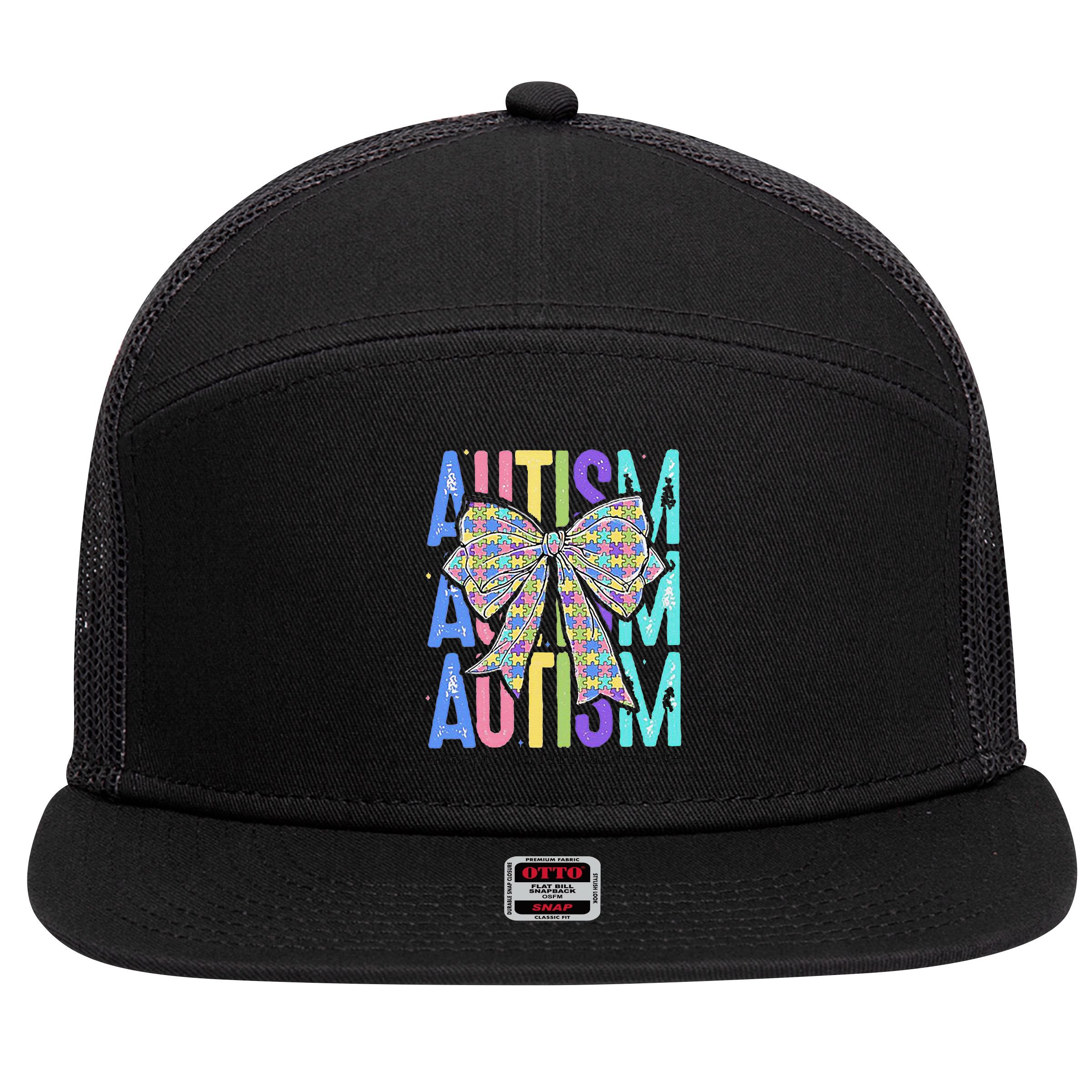 Cute Bow Autism Accept Understand Love Autism Awareness 7 Panel Mesh Trucker Snapback Hat