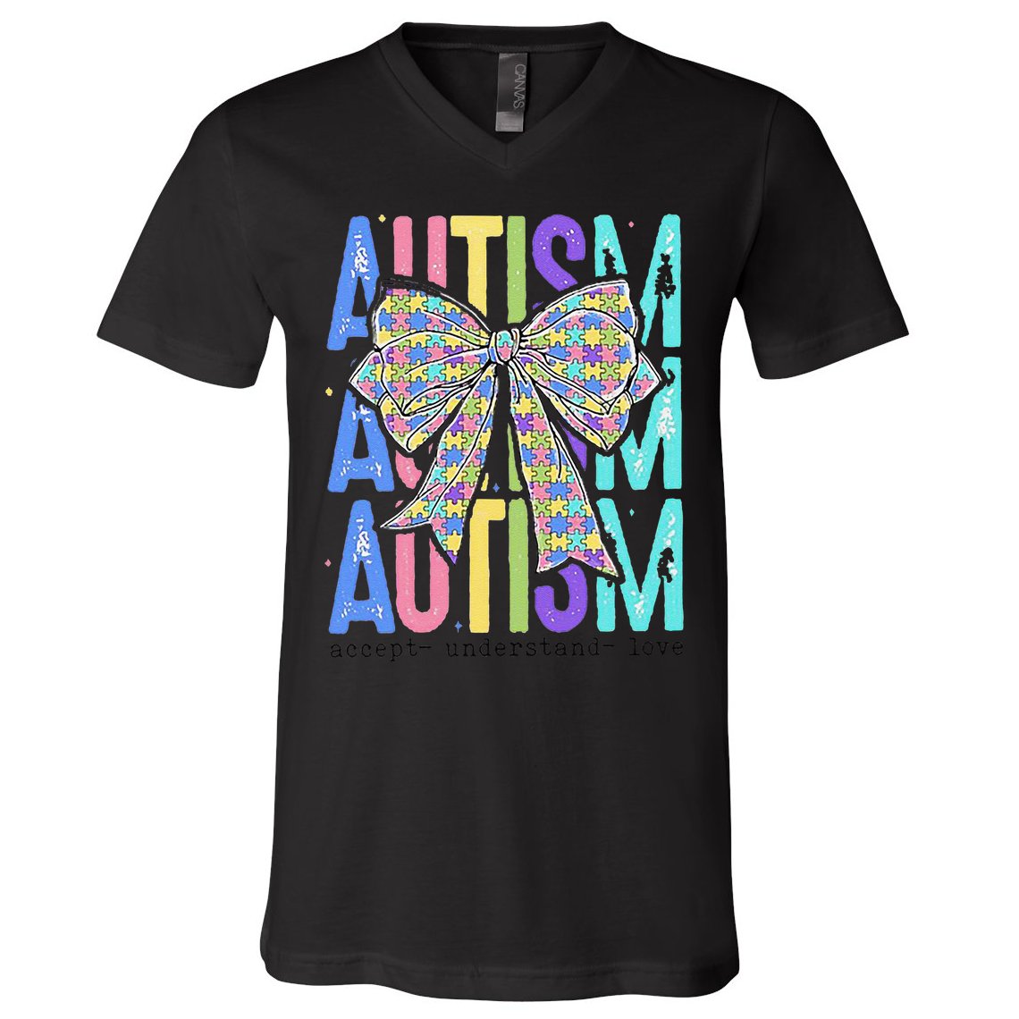 Cute Bow Autism Accept Understand Love Autism Awareness V-Neck T-Shirt