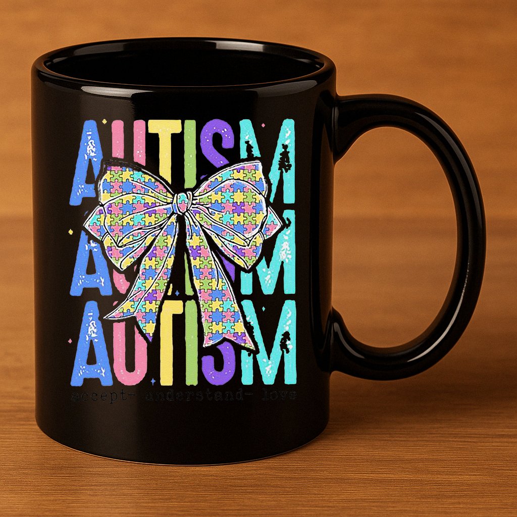 Cute Bow Autism Accept Understand Love Autism Awareness 11oz C Handle Ceramic Mug