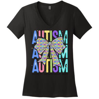 Cute Bow Autism Accept Understand Love Autism Awareness Women's V-Neck T-Shirt