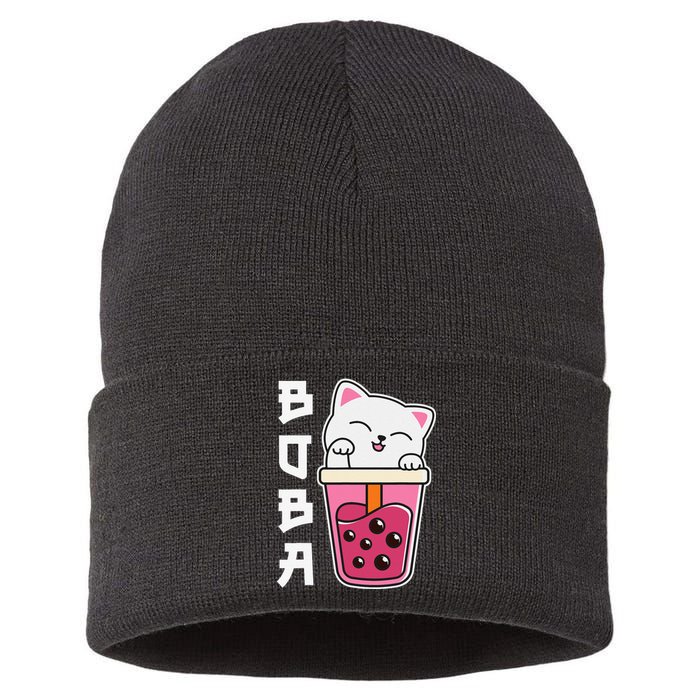 Cat Boba Anime Bubble Tea Neko Girls Kawaii Girls Teen Sustainable Knit Beanie