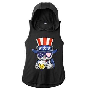 Cat Beer American Flag 4th of July  America USA Ladies PosiCharge Tri-Blend Wicking Draft Hoodie Tank