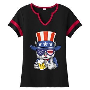 Cat Beer American Flag 4th of July  America USA Ladies Halftime Notch Neck Tee