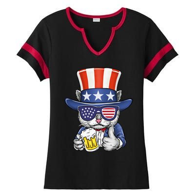 Cat Beer American Flag 4th of July  America USA Ladies Halftime Notch Neck Tee