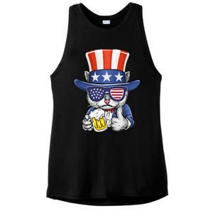 Cat Beer American Flag 4th of July  America USA Ladies PosiCharge Tri-Blend Wicking Tank