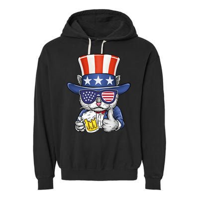 Cat Beer American Flag 4th of July  America USA Garment-Dyed Fleece Hoodie