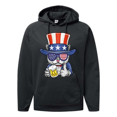 Cat Beer American Flag 4th of July  America USA Performance Fleece Hoodie