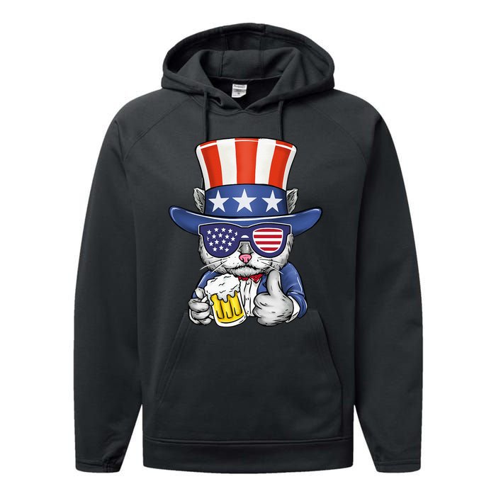 Cat Beer American Flag 4th of July  America USA Performance Fleece Hoodie