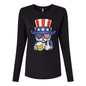 Cat Beer American Flag 4th of July  America USA Womens Cotton Relaxed Long Sleeve T-Shirt