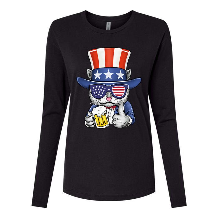 Cat Beer American Flag 4th of July  America USA Womens Cotton Relaxed Long Sleeve T-Shirt