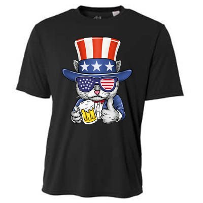 Cat Beer American Flag 4th of July  America USA Cooling Performance Crew T-Shirt